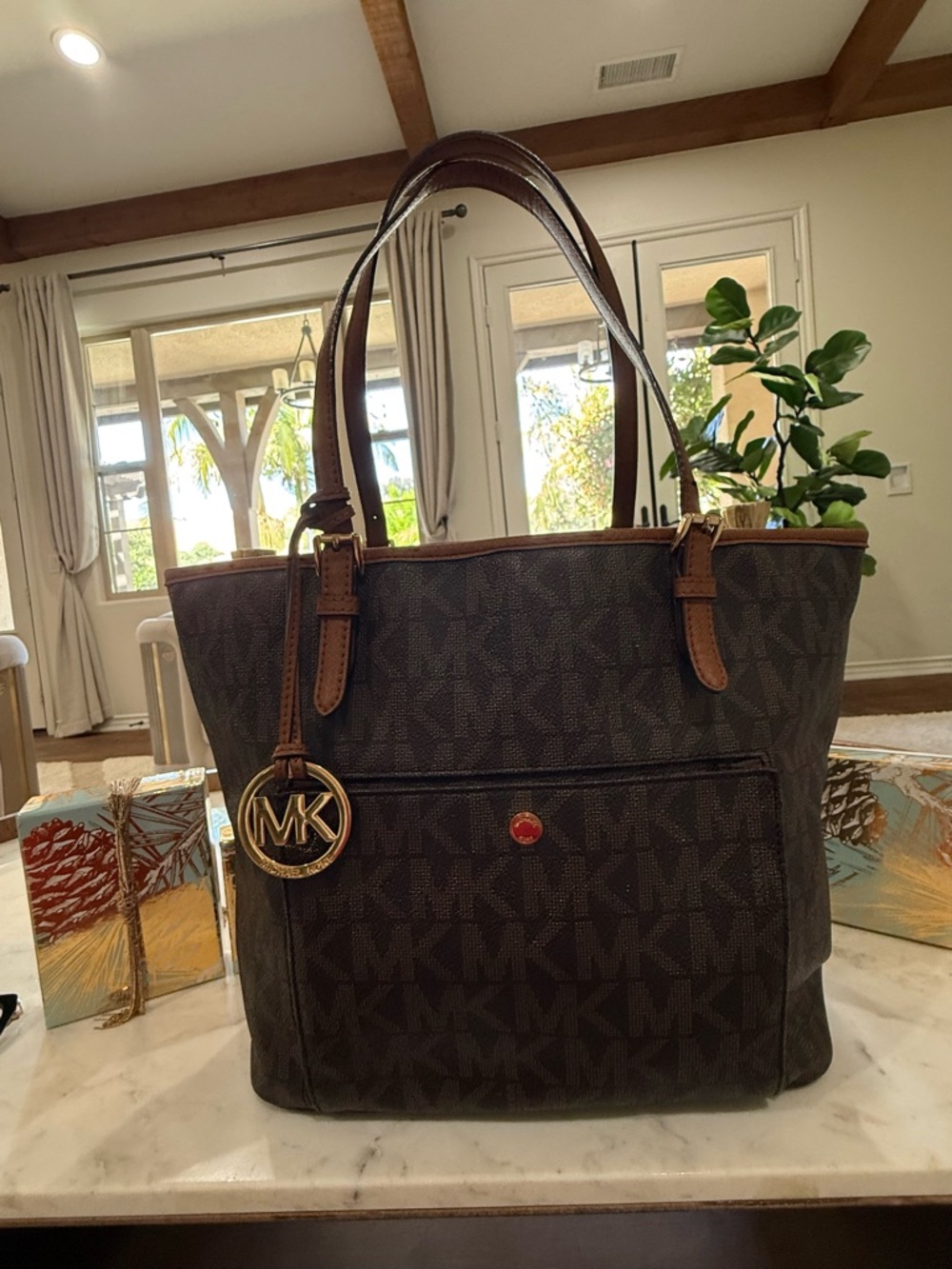 Michael Kors Dark Brown MK Logo Tote with Tan Trim and the tassel MK